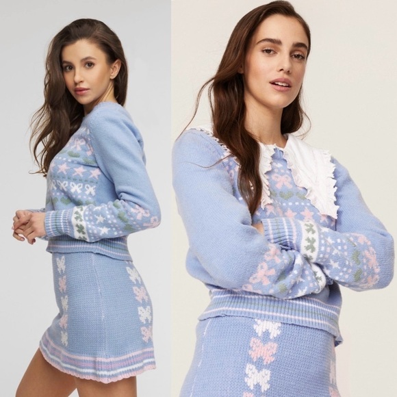 LOVESHACKFANCY 90s Pastel Heart Bow Fair Isle Knit Pullover Cropped Sweater XL - Picture 14 of 16